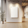 © Andrei - A blank vertical canvas hanging on the wall of a stylish art gallery with wooden floors and soft spotlights illuminating the space The canvas is displayed directly fa