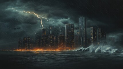 Poster - Dark clouds roll in as a fierce storm approaches, illuminating the city skyline with flashes of lightning and intense waves crashing ashore. Generative AI