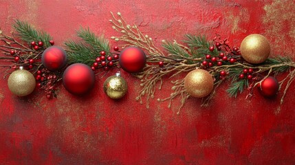 Poster - A red background with a garland of evergreen branches, red berries, and gold twigs is decorated with five Christmas ornaments.