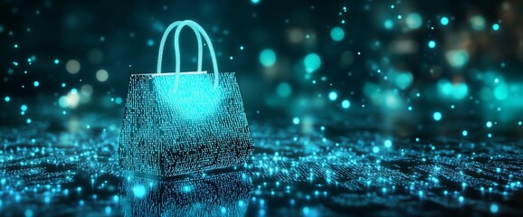 Poster - A glowing shopping bag on a digital, blue, and sparkling surface, with bokeh lights in the background.