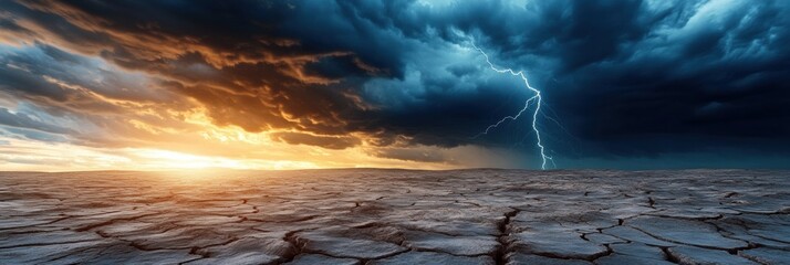 Poster - A powerful storm gathers over a dry, cracked desert as the sun sets, creating a striking contrast between dark clouds and fading light. Generative AI