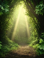 Poster - Sunlight streams through a canopy of lush greenery, illuminating a serene trail in a tropical forest, inviting exploration. Generative AI