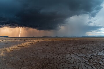 Poster - A dramatic storm gathers over an arid desert, showcasing lightning and dark clouds as the dry landscape awaits the impending rain. Generative AI