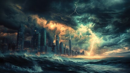 Poster - Dark clouds gather over a coastal city as a fierce storm brews, bringing turbulent waves and flashes of lightning at dusk. Generative AI