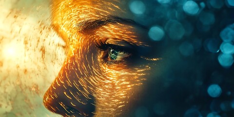Wall Mural - closeup of woman's eye with golden light and blue bokeh