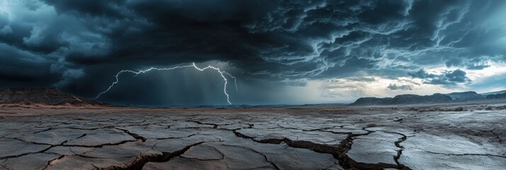 Poster - Dark storm clouds gather as lightning strikes across the arid desert, creating an intense atmosphere in the dry landscape. Generative AI