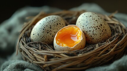 A broken quail egg with yolk spilling out, surrounded by two whole quail eggs, in a rustic nest.