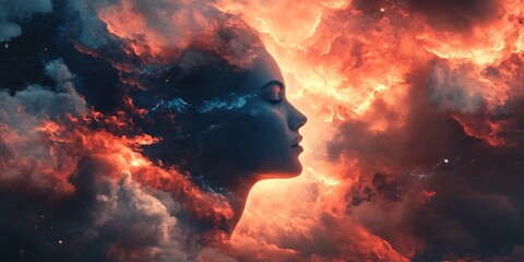 Wall Mural - abstract surreal art, woman in a burning galaxy