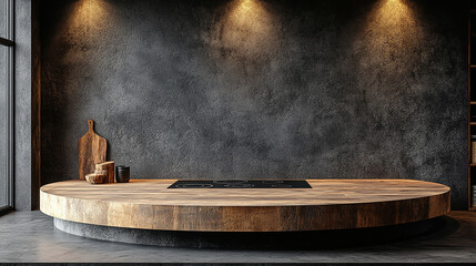 Wall Mural - dark black concrete wall and wooden texture table top with warm spotlight and shadow backgrounds, us