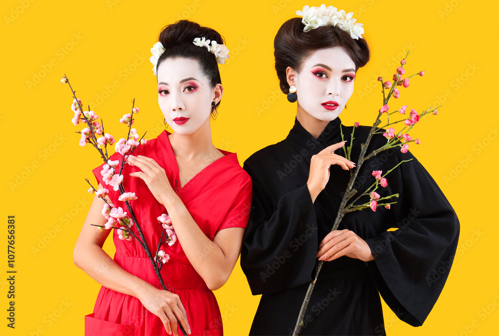 Beautiful young geishas with sakura branches on yellow background