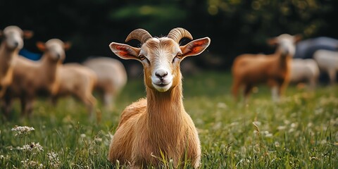 Wall Mural - closeup of a goat with horns looking at the camera in a field