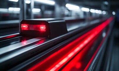 Poster - A red laser beam scans a conveyor belt in a modern factory.