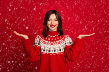 Wall Mural - Photo of gorgeous positive nice girl with straight hairstyle wear red sweater look demonstrate two palms isolated on red color background