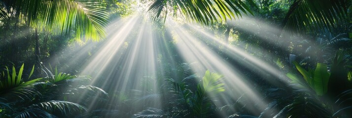 Aufkleber - Bright rays of sunlight filter through the dense leaves of a tropical forest, creating an enchanting atmosphere of warmth and tranquility. Generative AI