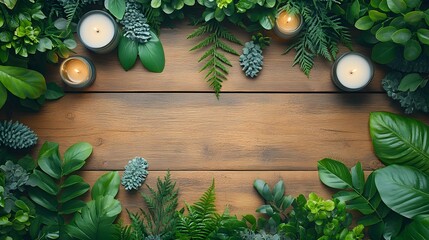 Poster - Serene Arrangement of Greenery and Candles on a Wooden Table Surrounded by a Misty Atmosphere, Ideal for Relaxation and Meditation Scenes