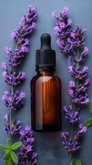 Poster - Elegant Serum Bottle Surrounded by Lavender Flowers on a Soft Gray Background, Perfect for Skincare and Beauty Branding Concepts