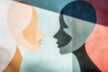 Poster - Two abstract faces in soft pastel colors represent communication and empathy, emphasizing connection and understanding between individuals. Generative AI