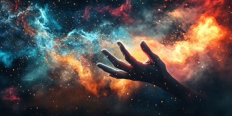 Wall Mural - hand reaching for the cosmos, abstract digital art with swirling colors and stars