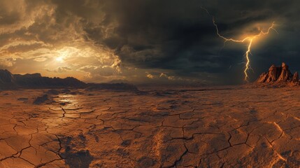 Poster - Dark clouds roll in over a parched desert, with lightning striking as the sun sets, creating a dramatic contrast in the landscape. Generative AI