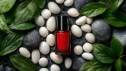 Poster - Elegant Arrangement of Nail Polish Among Smooth White Pebbles and Lush Green Leaves, Capturing Beauty and Tranquility in a Natural Setting