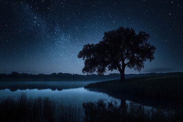 Wall Mural - Majestic tree silhouetted against a starlit night sky by a tranquil lake, evoking a sense of peaceful solitude and natural beauty.