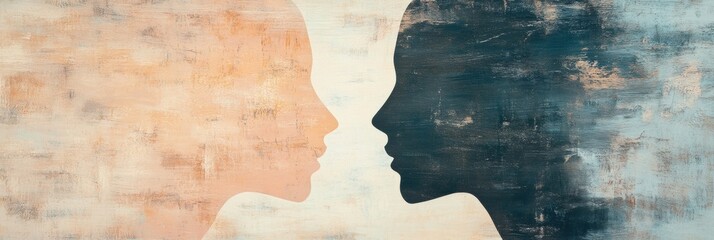 Poster - Two abstract silhouettes in soft pastel colors symbolize the connection between communication and empathy in human relationships. Generative AI