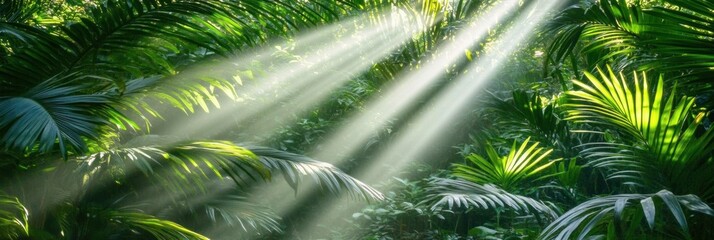 Aufkleber - Sunlight filters through dense leaves, illuminating the rich greenery of a tropical forest, creating a serene and tranquil atmosphere. Generative AI