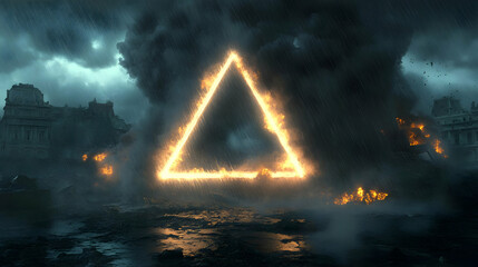 Wall Mural - Fiery Triangle Gate in Apocalyptic Landscape Illustration