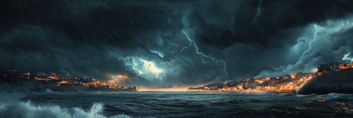 Poster - Dark clouds gather over a coastal city, while lightning strikes dramatically across the sky, revealing tumultuous ocean waves. Generative AI