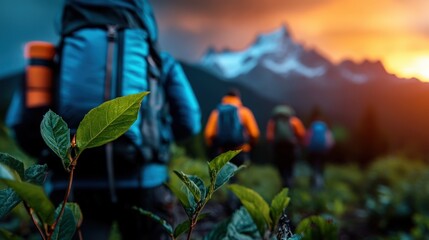 Adventurous hikers make their way along a mountain trail, surrounded by lush greenery. In the distance, towering peaks catch the light of the setting sun, creating awe.