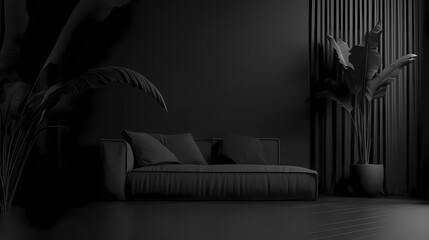 Wall Mural - black living room interior with sofa, minimalist interior background, 3d render. monochrome. illustr