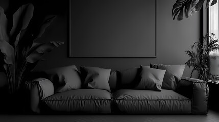 Wall Mural - black living room interior with sofa, minimalist interior background, 3d render. monochrome. illustr