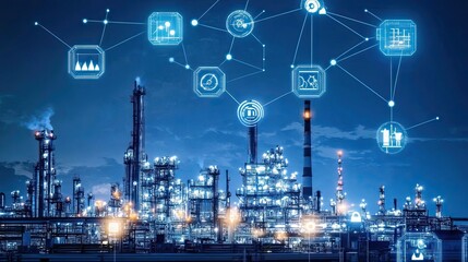 Poster - Industrial Plant with Digital Overlays Illustrating Automation and Connectivity
