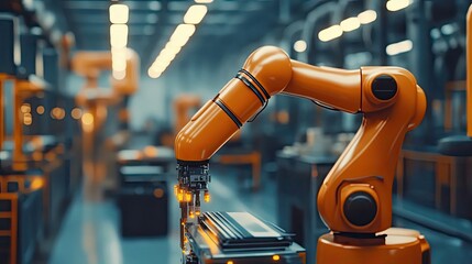 Poster - Orange Robotic Arm Performing a Manufacturing Task