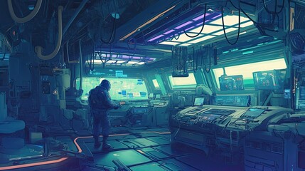 Poster - A lone astronaut standing in a futuristic spaceship control room