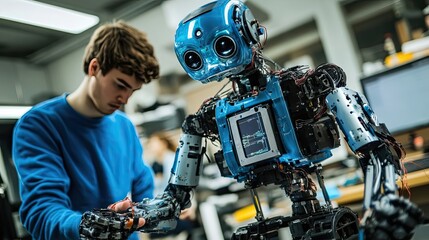 Poster - A Man Interacting with a Complex Blue Robot