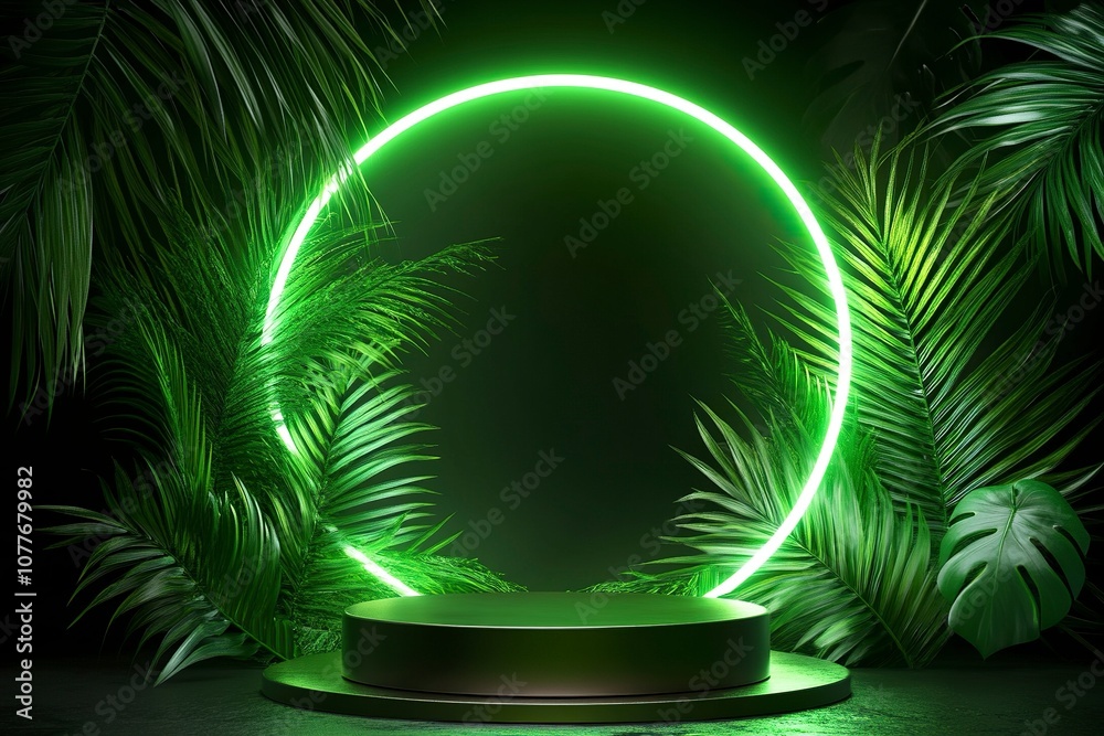 Round podium, product display, green abstract background with palm ...