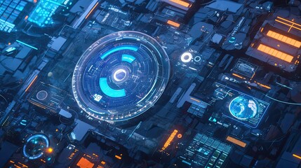 Poster - Futuristic Tech Interface with Glowing Blue and Orange Elements