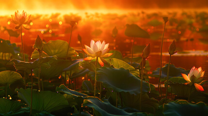 Canvas Print - A serene sunset over a lotus pond with blooming flowers and lush green leaves, reflecting the warm glow ideal for backgrounds, nature-themed projects, relaxation, or meditation materials,