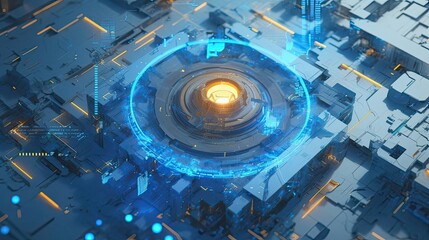 Poster - Abstract Futuristic Tech Background with Glowing Blue Ring and Yellow Light