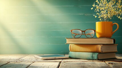 Poster - Create an inspiring home study setup featuring books and devices on a light background for enhanced productivity