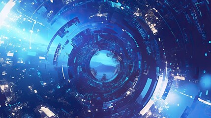 Poster - Abstract Blue and Purple Digital Vortex with a Glimpse of Landscape
