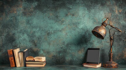 Poster - Create an inspiring online learning setup with essential books and a tablet on a stylish mini stand