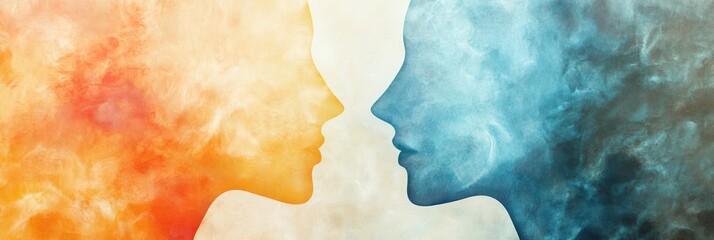 Leinwandbilder - Two abstract silhouettes of faces in pastel shades symbolize communication and empathy, evoking a sense of connection and understanding. Generative AI