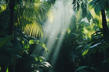 Aufkleber - Sunrays penetrate the dense canopy, illuminating the rich greens of a tropical forest, creating a tranquil and magical atmosphere. Generative AI