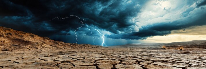 Poster - Dark storm clouds loom over a cracked, arid desert landscape as lightning illuminates the sky, signaling a coming storm. Generative AI