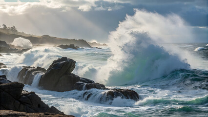  A dynamic scene capturing the energy of ocean waves crashing against rugged rocks