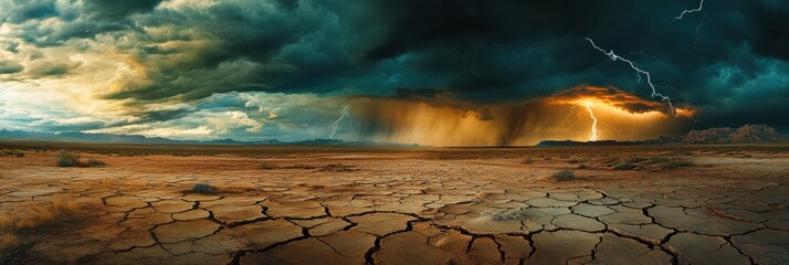Poster - Dark clouds amass in the sky, bringing a thunderstorm that threatens the parched desert landscape dotted with cracks and dry soil. Generative AI