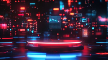 Poster - Red and Blue Neon Lights on a Futuristic Platform