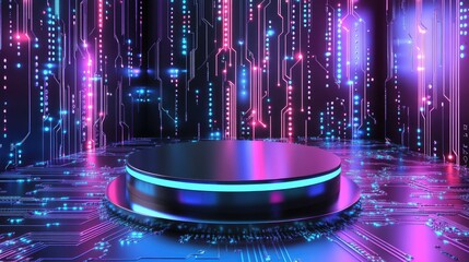 Poster - Futuristic Platform with Glowing Circuitry and Neon Lights